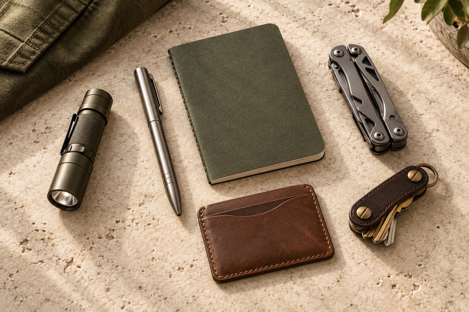 Everyday carry gear arranged on a bench