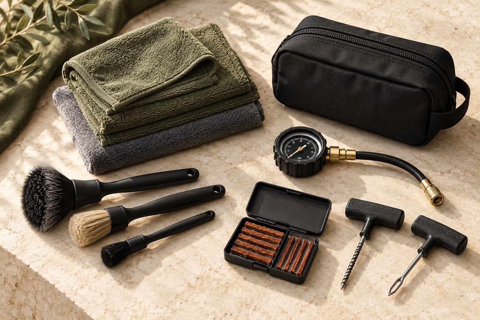 Vehicle and garage care gear arranged on a bench